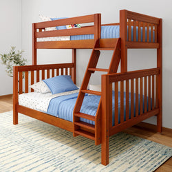 Wooden bunk bed with blue bedding in a modern bedroom.
