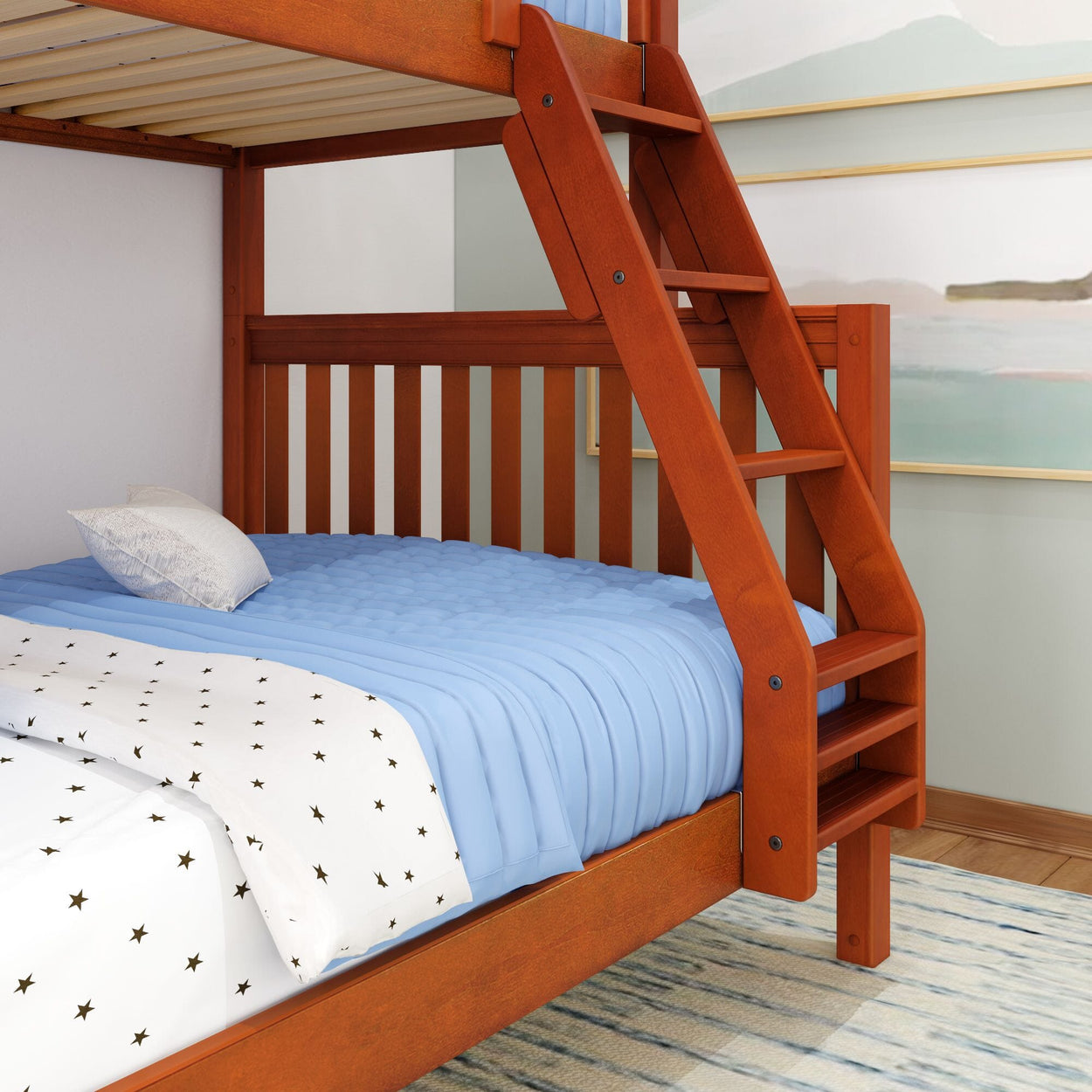 Rustic wooden bunk bed with blue bedding and star-patterned sheets in modern bedroom.