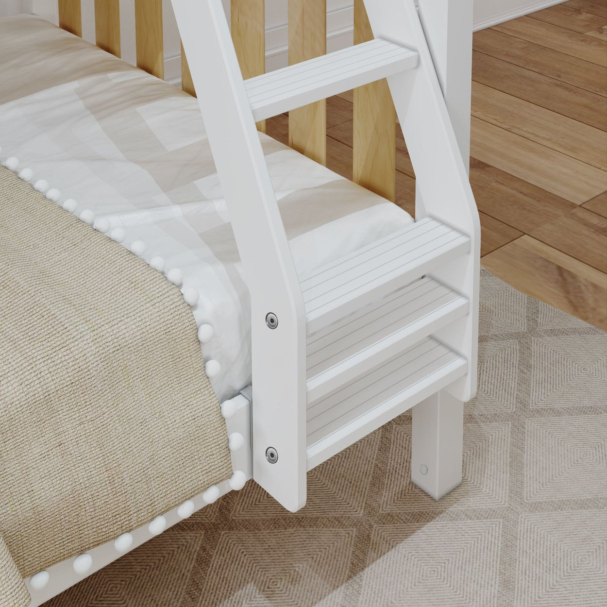 White bunk bed ladder with beige bedding and a geometric-patterned carpet on wooden floor.