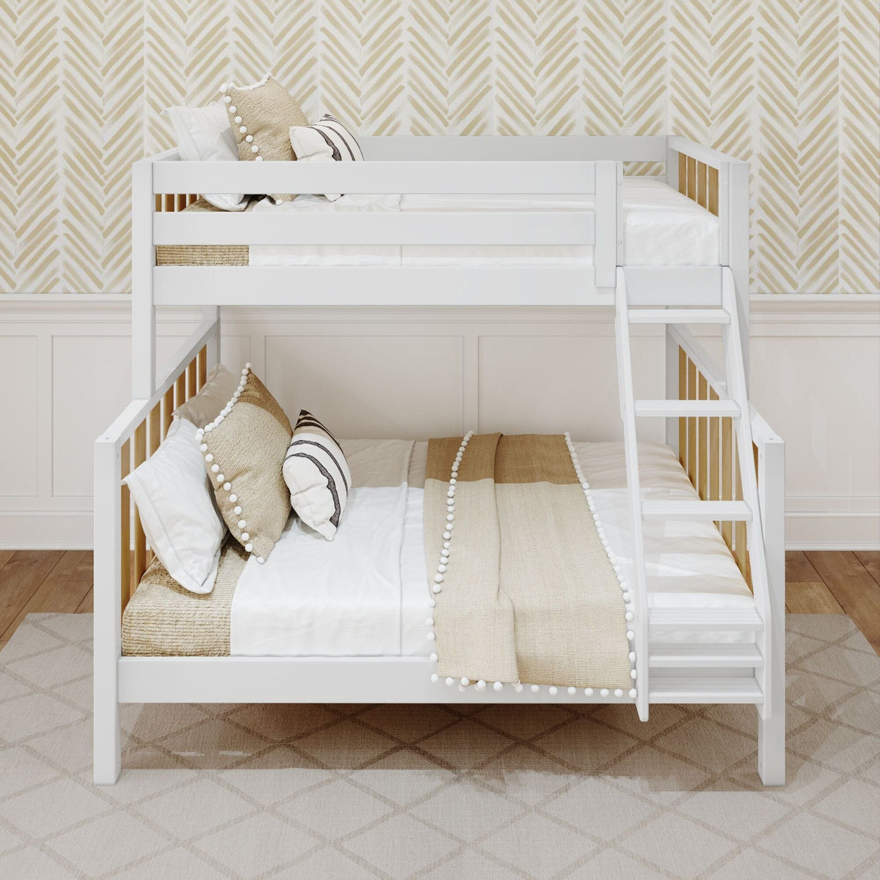 White wooden bunk bed with beige bedding and pillows in a modern bedroom setup.