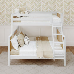 White wooden bunk bed with beige bedding and pillows in a modern bedroom setup.