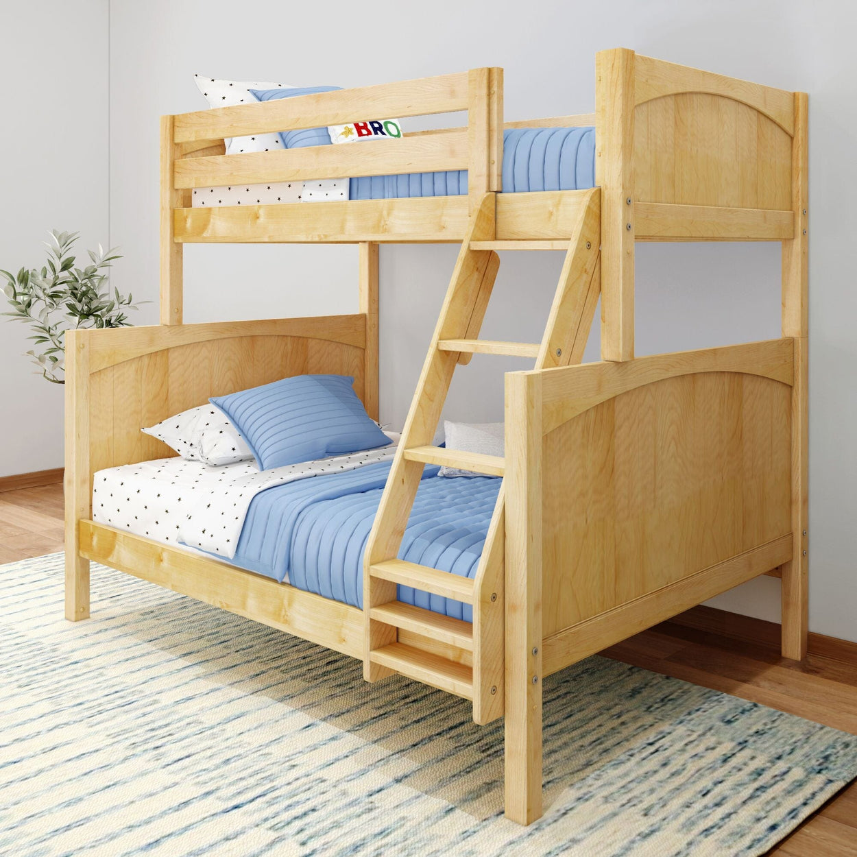 Wooden bunk bed with blue bedding and pillows in a modern bedroom setting.