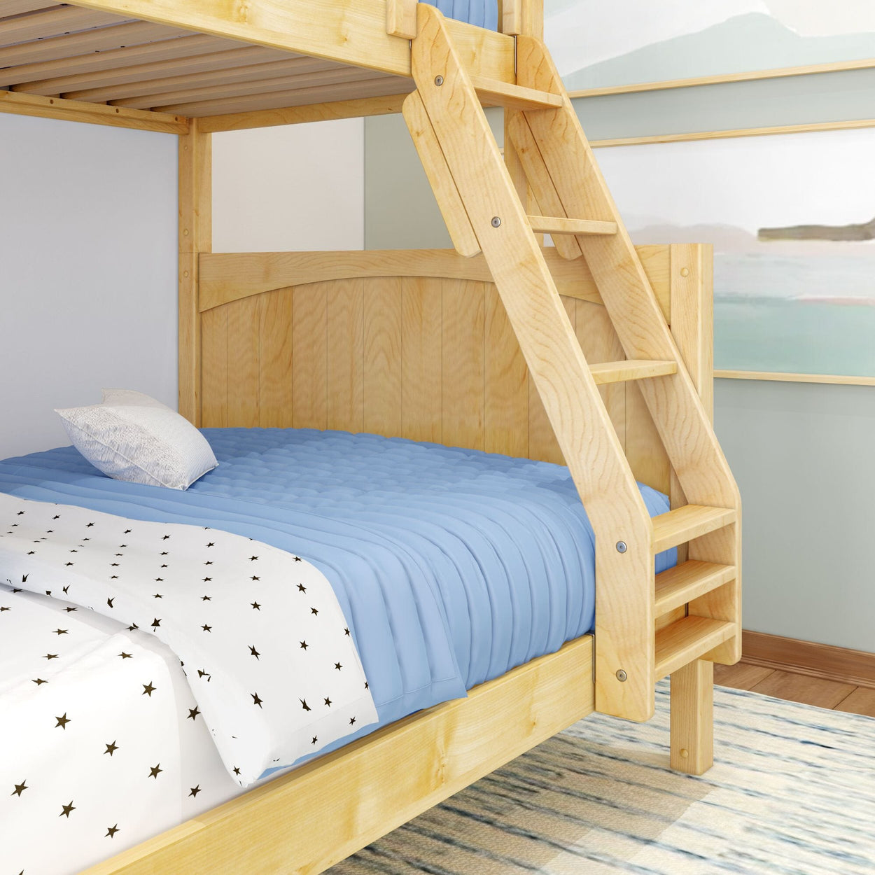 Wooden bunk bed with a blue mattress and star-patterned bedding in a cozy bedroom.