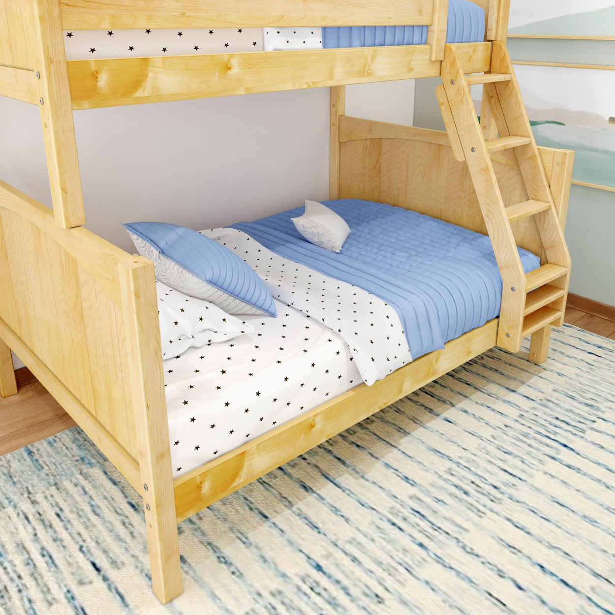 Wooden bunk bed with blue and white bedding in a modern bedroom setting.