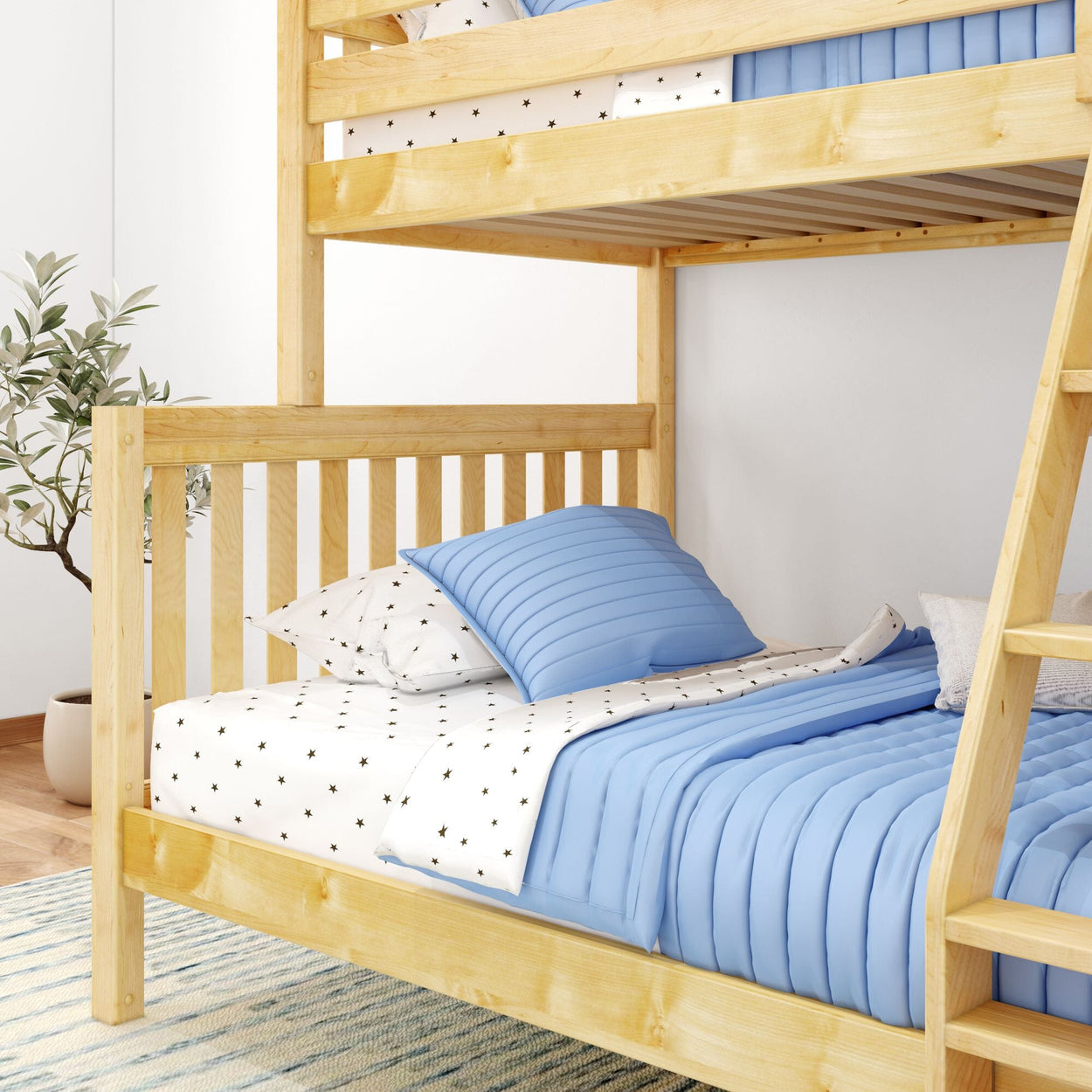 Wooden bunk bed with blue bedding and decorative plant in a modern bedroom setting.