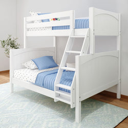White wooden bunk bed with blue bedding and ladder, ideal for kids' room decor.