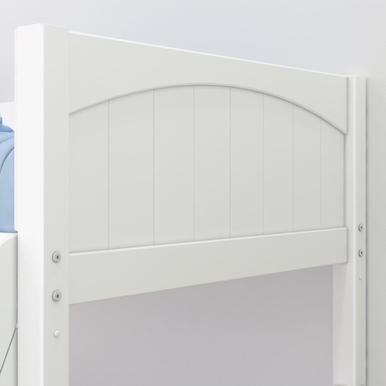 White wooden headboard with vertical panels and curved top design for a sleek bedroom look.