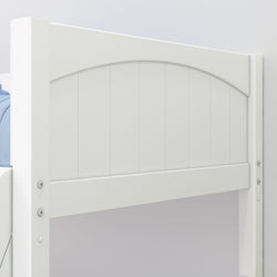 White wooden headboard with vertical panels and curved top design for a sleek bedroom look.
