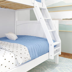White wooden bunk bed with ladder, featuring blue bedding and star-patterned sheets in a child's bedroom.