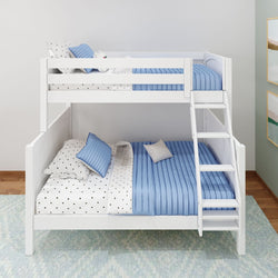 White wooden bunk bed with blue and star-patterned bedding, featuring a side ladder in a cozy bedroom setting.