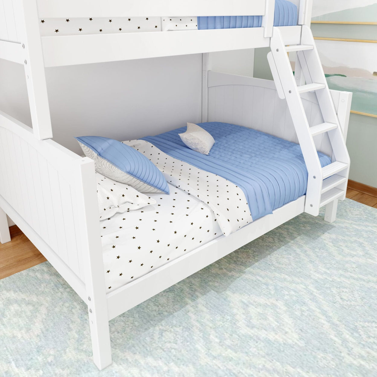 White wooden bunk bed with blue and star-patterned bedding in a cozy children's room.