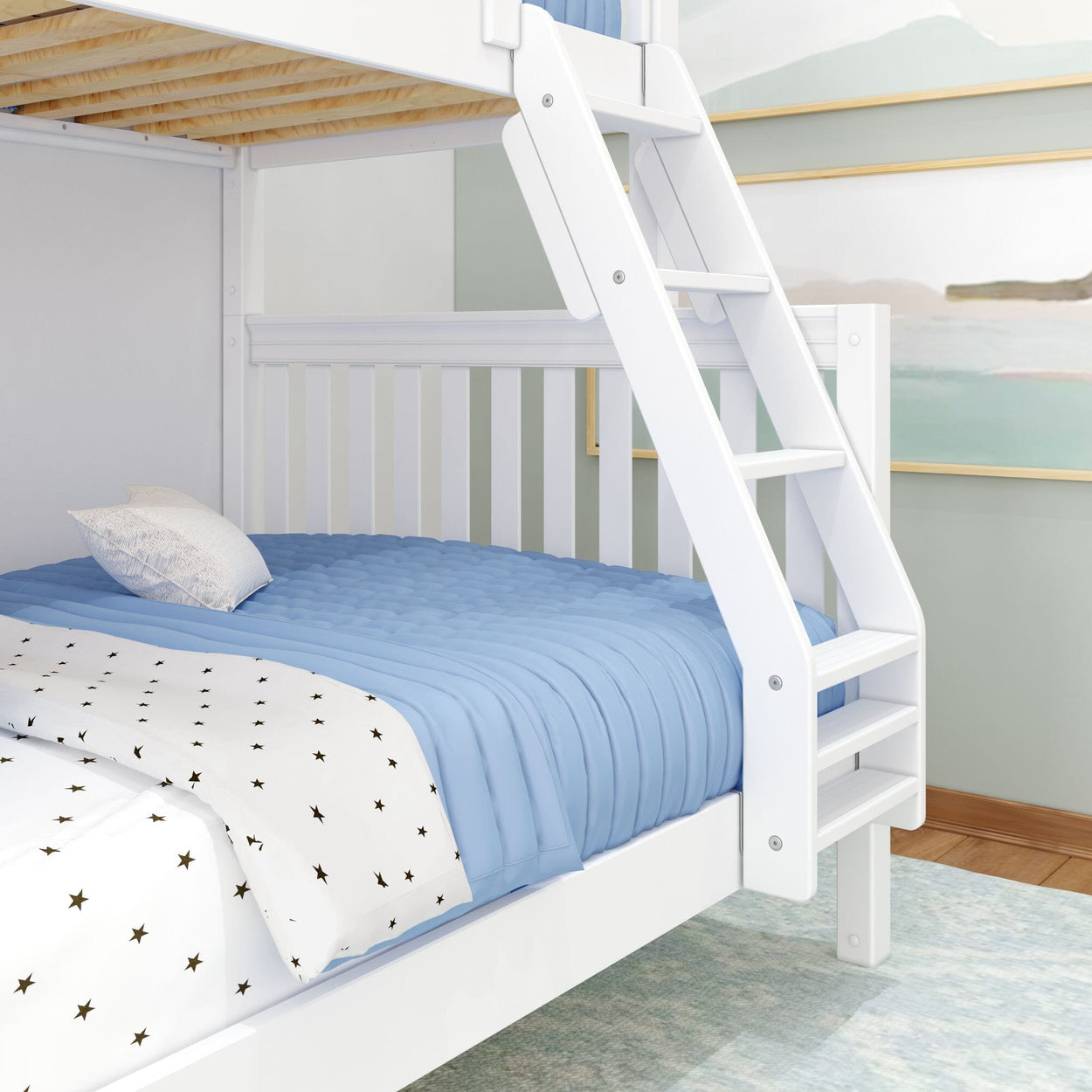 White wooden bunk bed with ladder and blue bedding in a bright children's room.
