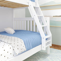White wooden bunk bed with ladder and blue bedding in a bright children's room.