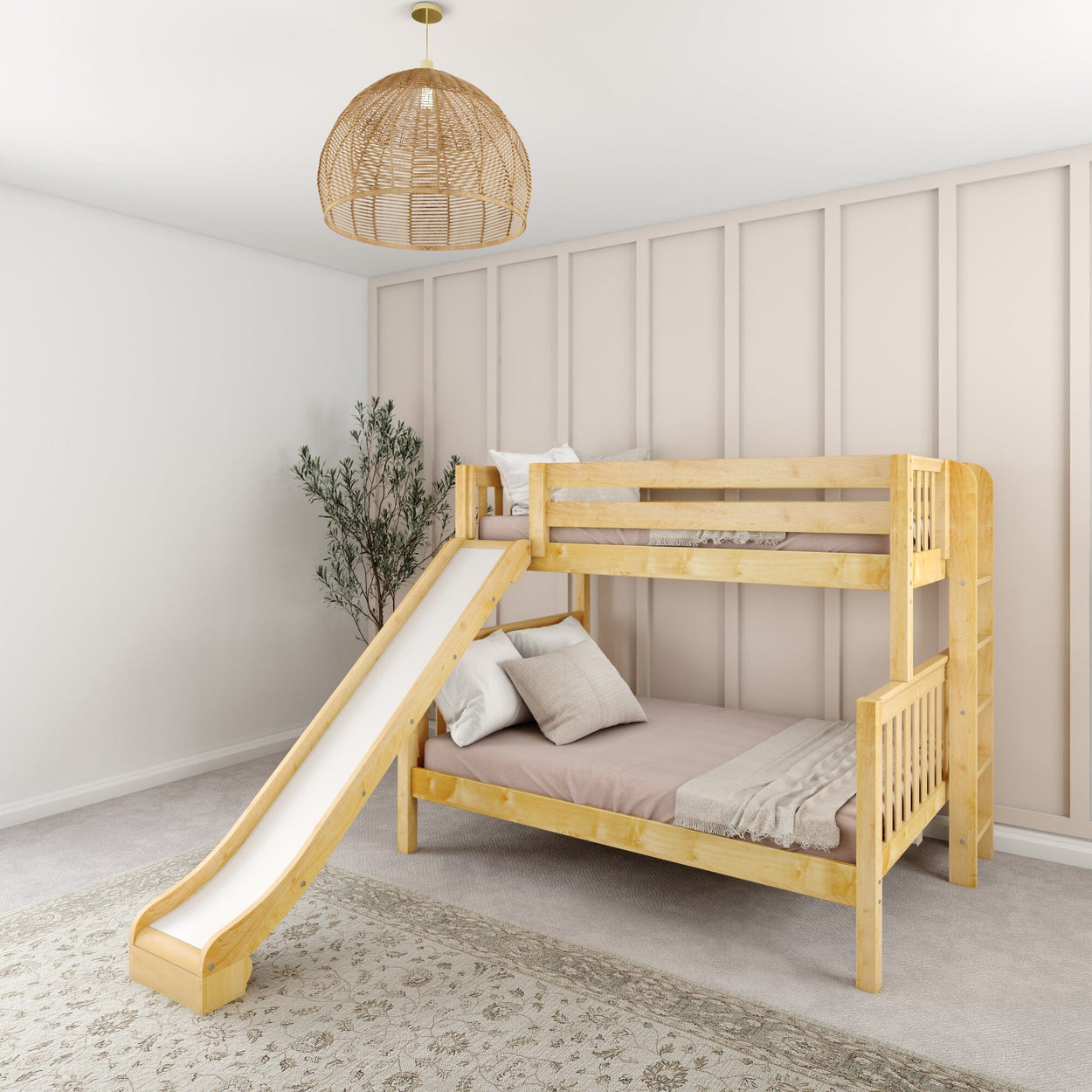 Stylish wooden bunk bed with slide in modern children's bedroom.
