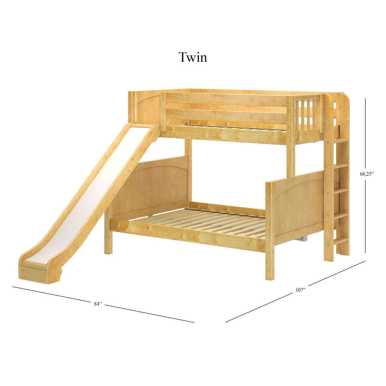 Wooden twin bunk bed with slide and ladder, dimensions 66.25 inches high by 107 inches long by 84 inches wide.