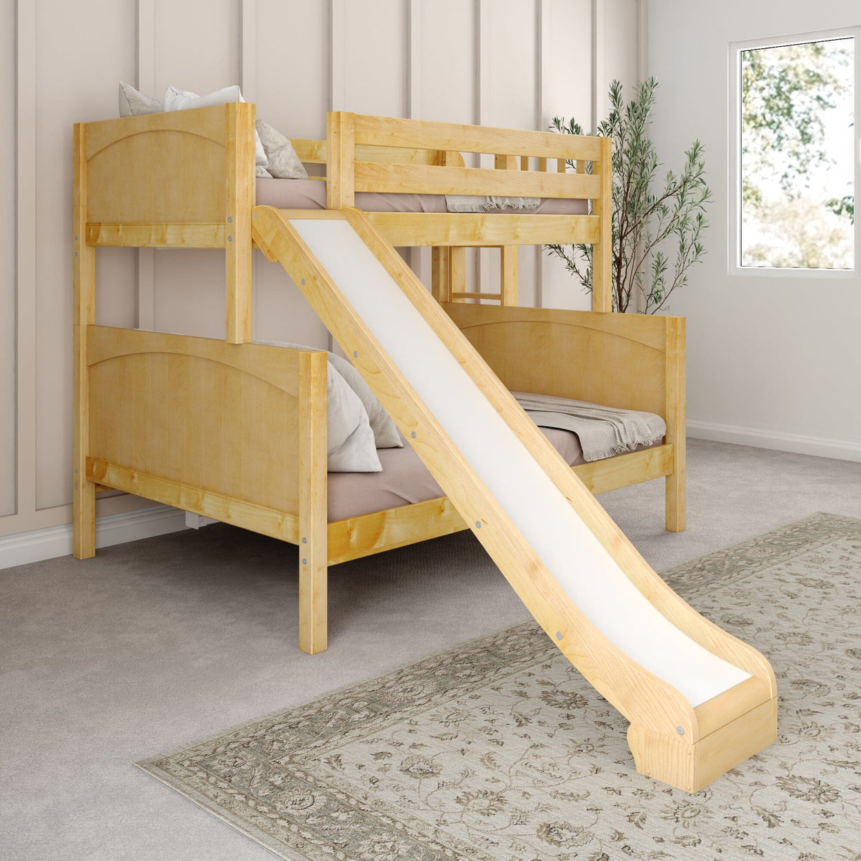 Wooden bunk bed with slide and beige pillows in a cozy bedroom setting.