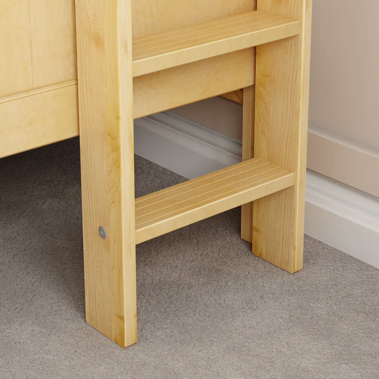 Wooden bunk bed ladder with two steps against a carpeted floor in a bedroom setting.