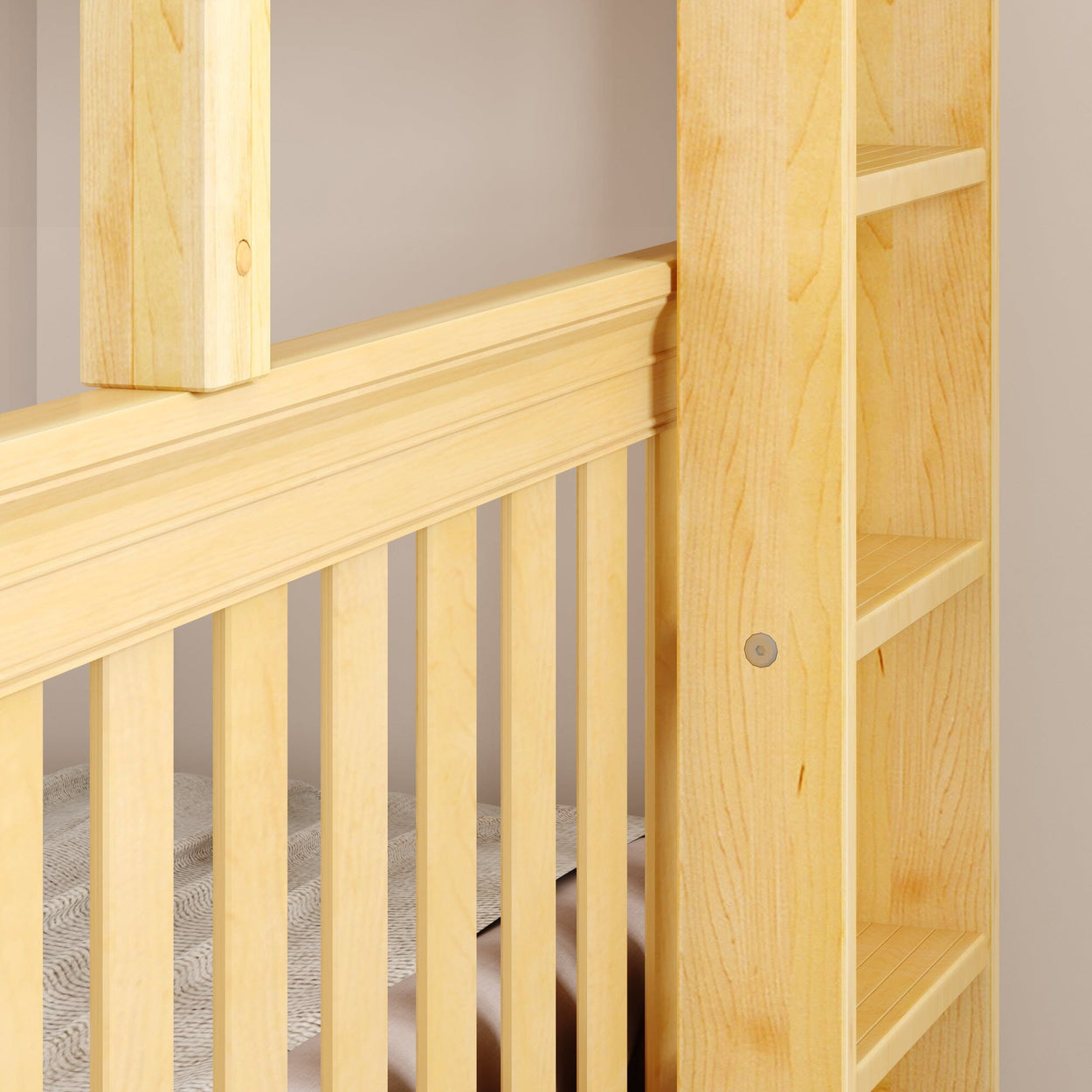 Wooden crib corner with vertical slats and built-in storage shelves.