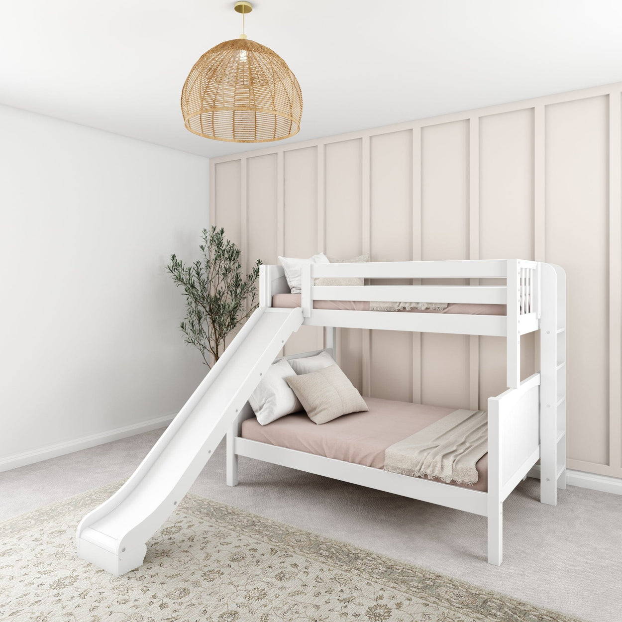 Children's room with white bunk bed and slide, modern interior design, beige and pink accents, and woven pendant light.