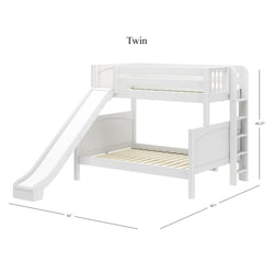 White twin bunk bed with slide, ladder, and dimensions for a kids' bedroom.
