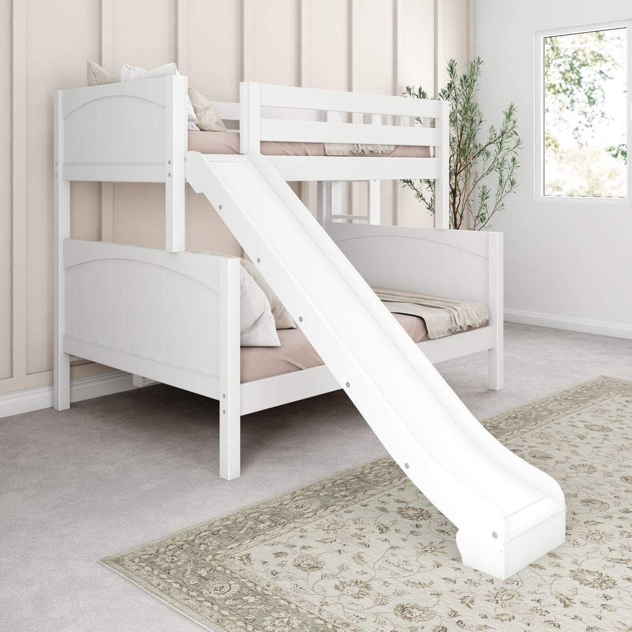 White bunk bed with a slide in a modern bedroom with beige walls and a carpet.