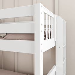 White wooden bunk bed with built-in shelving and neutral bedding against a light wall.