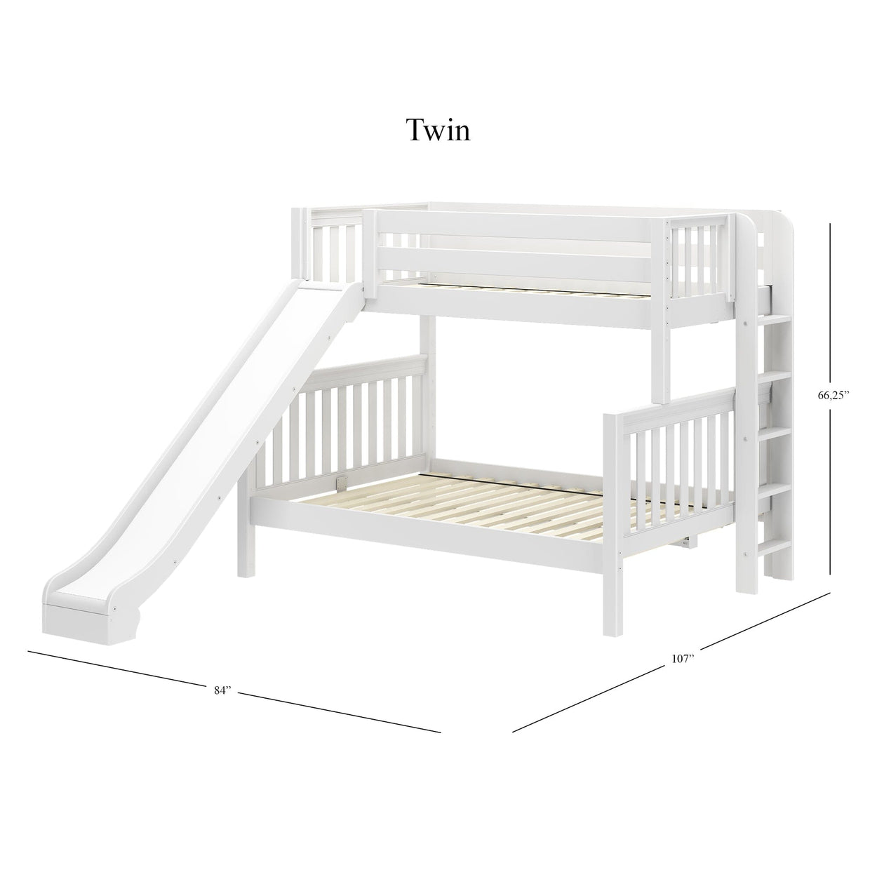 White twin wooden bunk bed with slide and ladder, dimensions 84" x 107" x 66.25", perfect for kids' bedroom furniture.