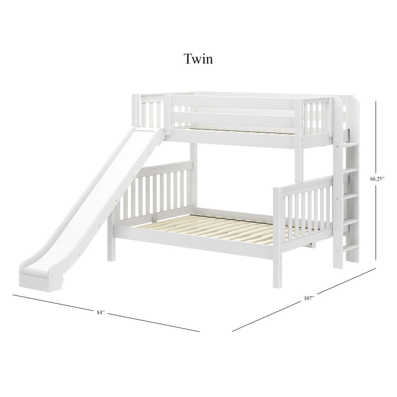 White twin wooden bunk bed with slide and ladder, dimensions 84" x 107" x 66.25", perfect for kids' bedroom furniture.