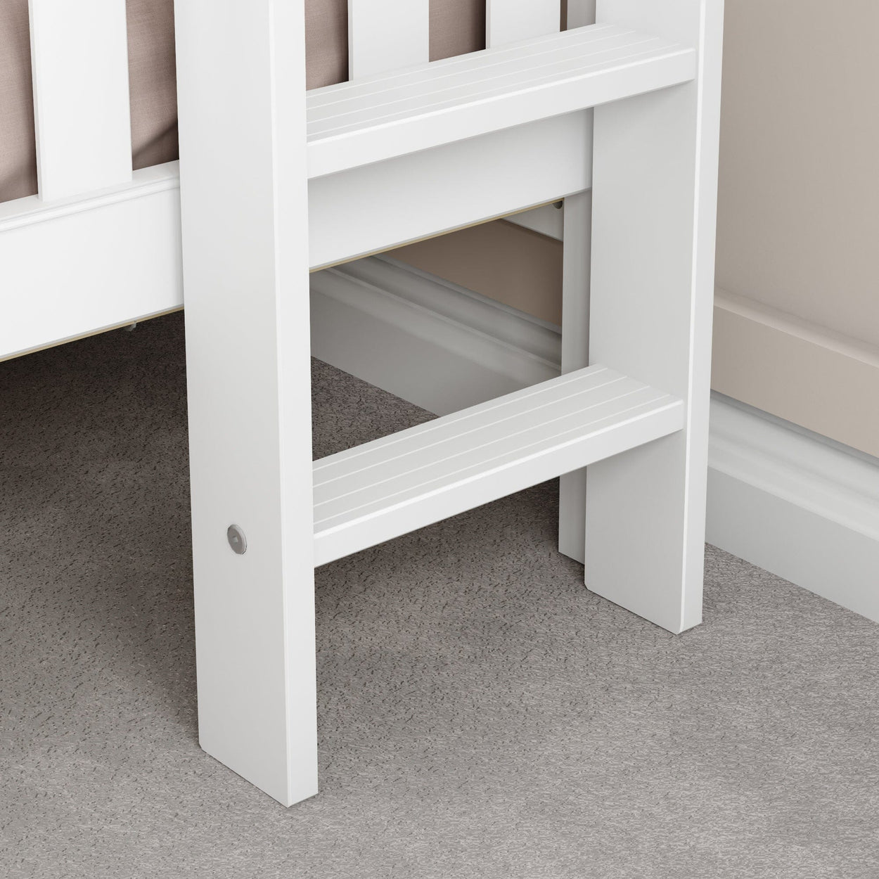 White wooden ladder close-up on carpeted floor, ideal for bunk beds or elevated spaces.
