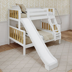 White wooden bunk bed with slide in cozy children's room.