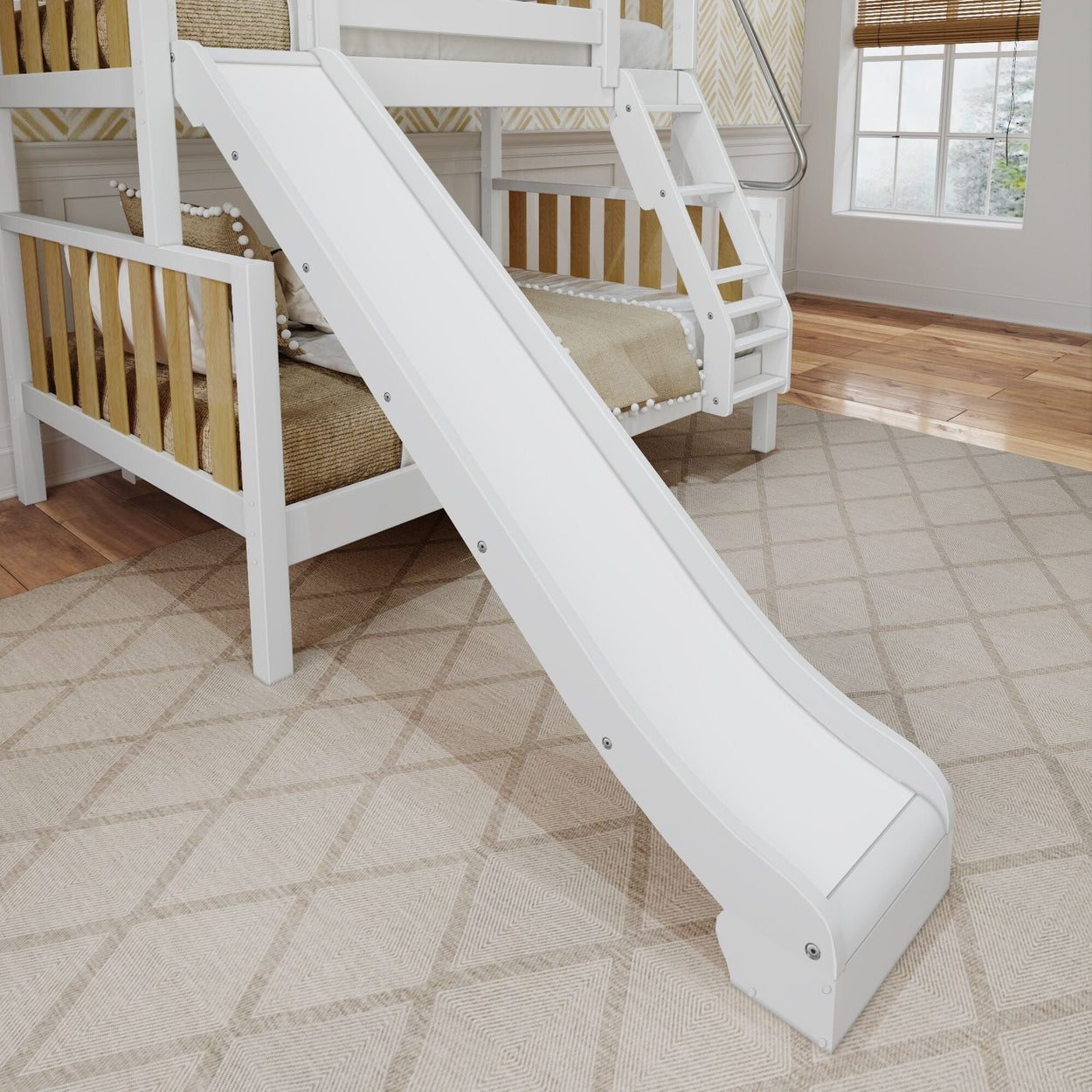 White bunk bed with slide in kids' bedroom, featuring wooden floors and patterned rug.