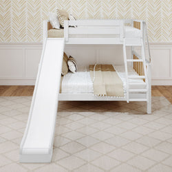 Children's white bunk bed with slide in modern bedroom setting.