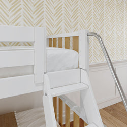 White bunk bed with ladder in modern kids' room with chevron patterned wallpaper.