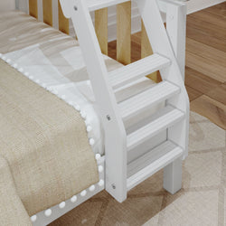 White wooden bunk bed ladder and cozy beige blanket on a textured rug in a modern bedroom.