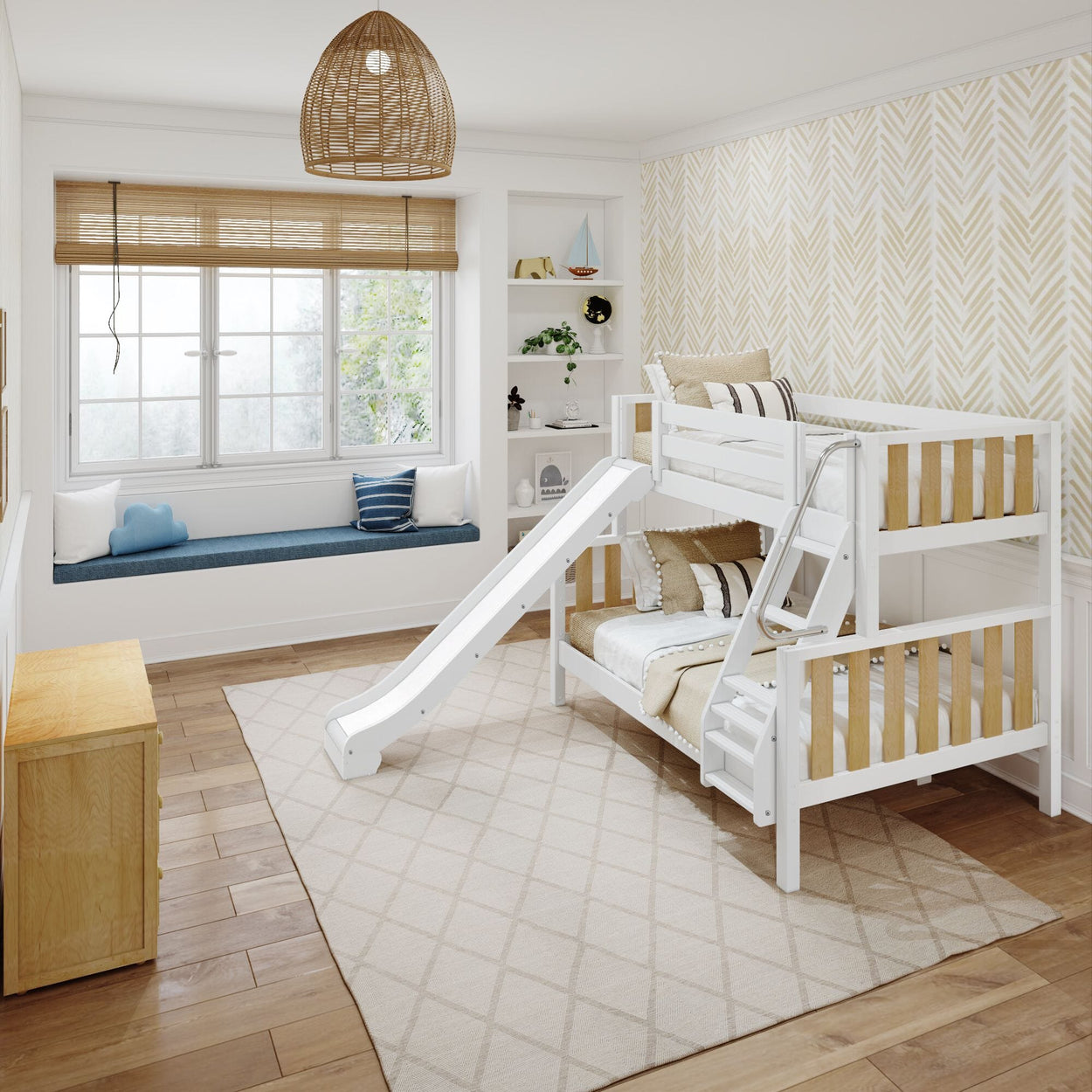 Children's bedroom with a stylish white bunk bed featuring a slide, cozy window seating, and modern decor.