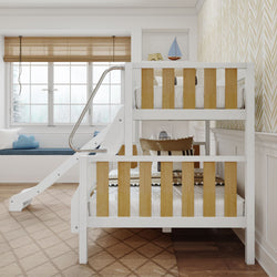 Children's bedroom with a modern wooden bunk bed featuring a built-in slide and cozy window seating area.