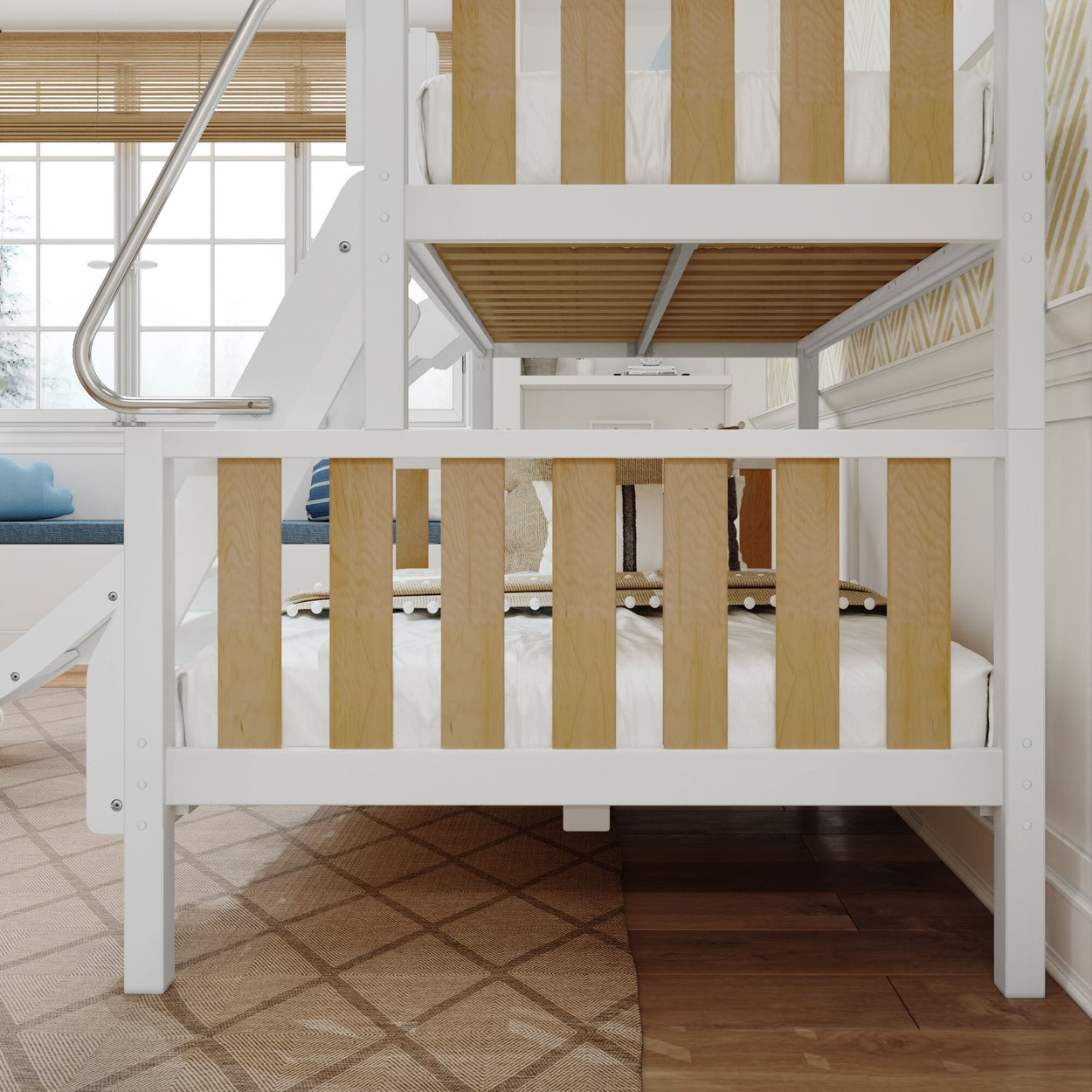 Modern wooden bunk bed design in a bright kid’s bedroom with natural light.