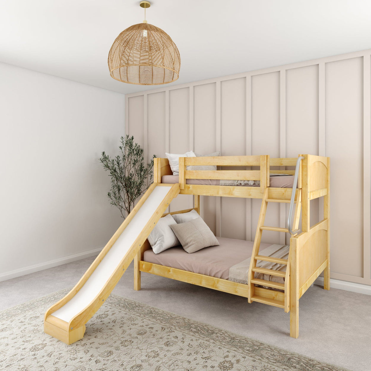 Wooden bunk bed with slide in modern bedroom interior design.