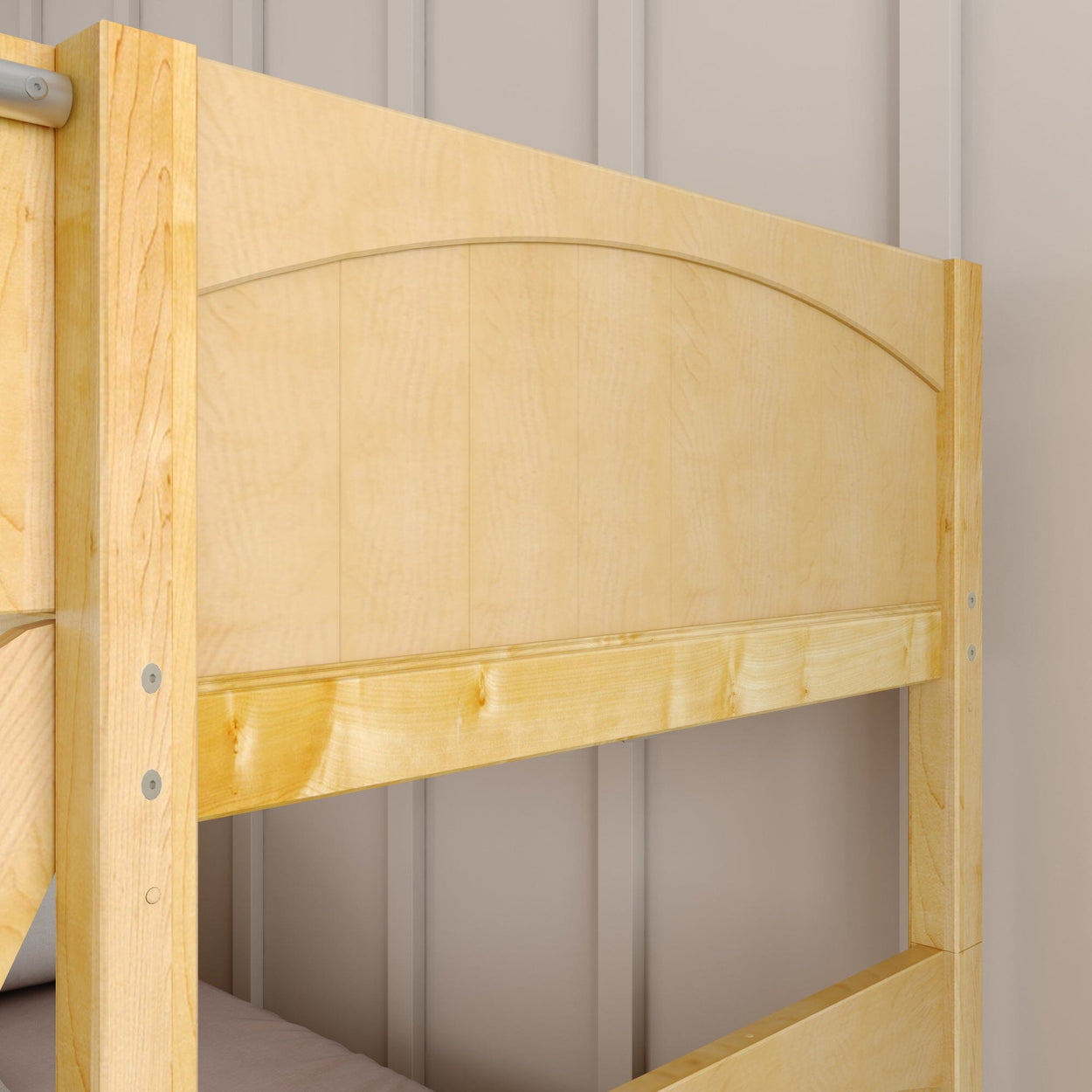 Natural wood bunk bed frame with headboard detail in a modern bedroom setting.