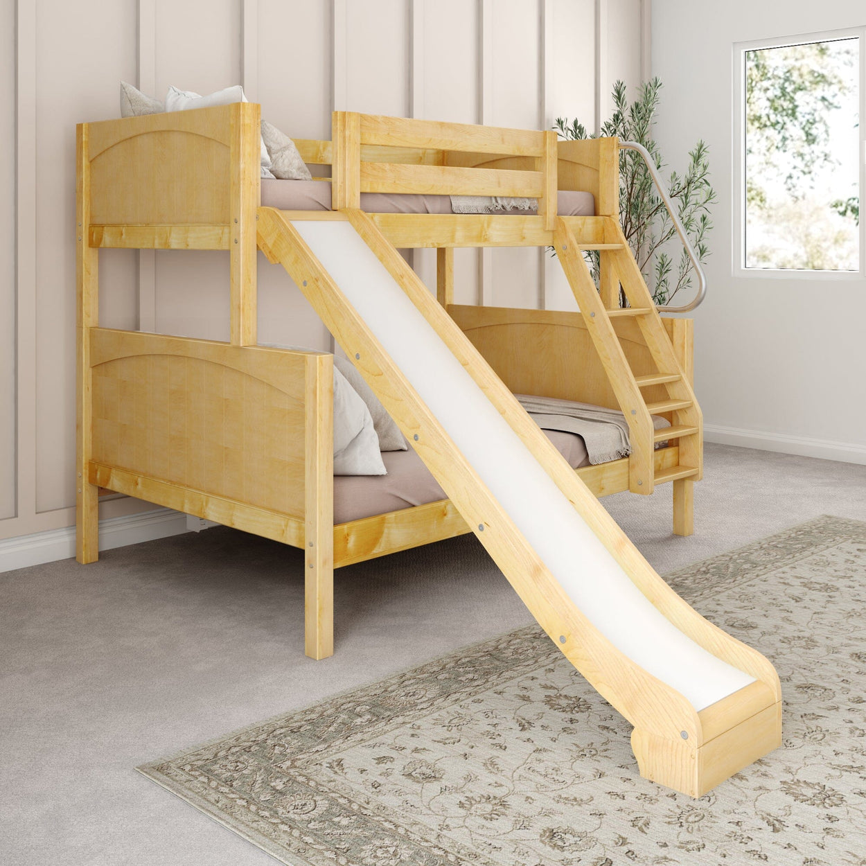 Wooden bunk bed with slide in a cozy kids' bedroom setting.