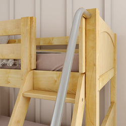 Wooden bunk bed with metal ladder and beige walls.