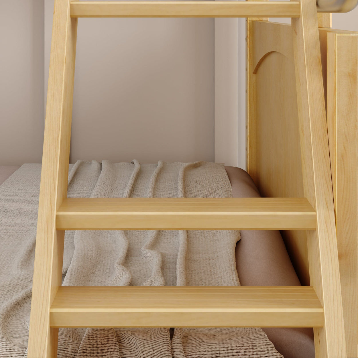 Wooden ladder leading to cozy loft bed with textured beige blanket.