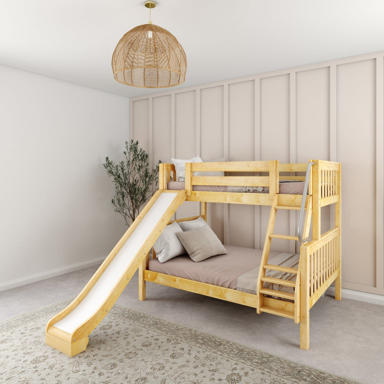 Wooden bunk bed with slide in modern bedroom interior, featuring minimalist decor and neutral color palette.