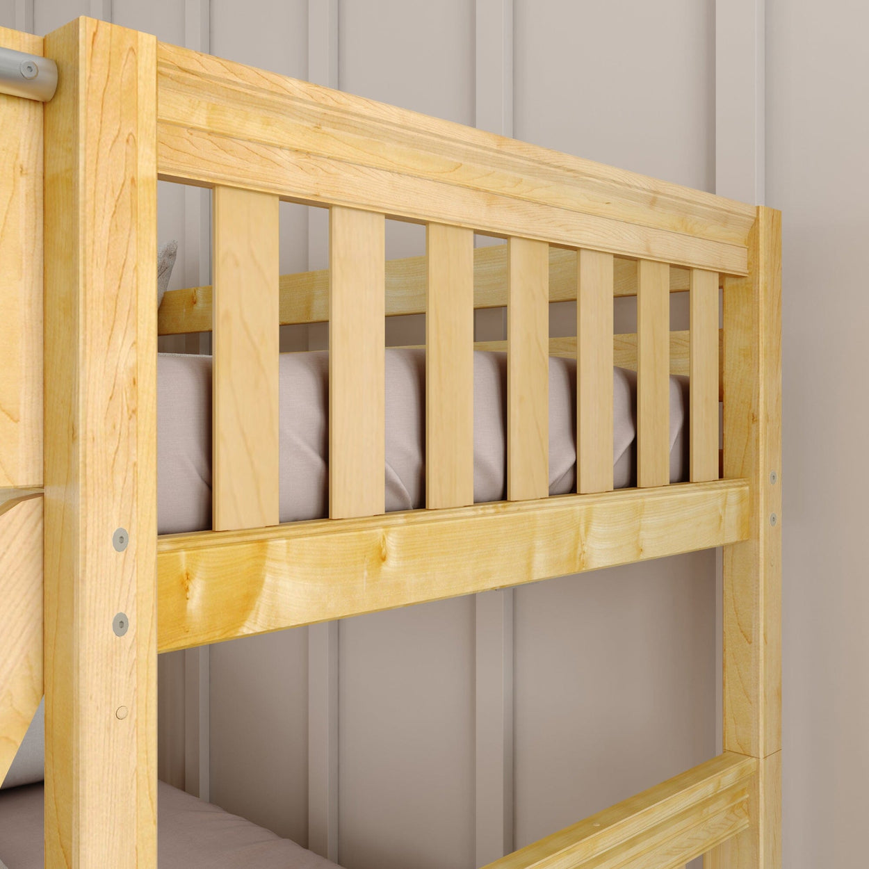 Wooden bunk bed frame with slatted headboard and light brown finish.