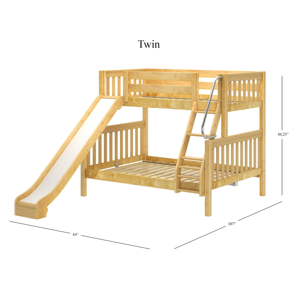 Twin wooden bunk bed with slide and ladder, dimensions labeled for size and fit in kids' room.