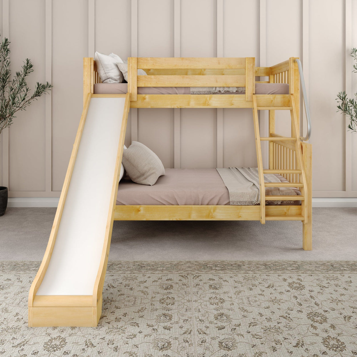 Wooden bunk bed with slide in modern kids' room, featuring beige walls and cozy decor.