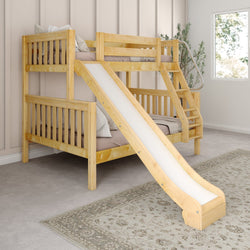 Wooden bunk bed with slide in a cozy children's bedroom setting.