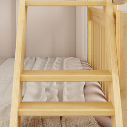 Wooden bunk bed ladder with soft gray bedding, ideal for modern bedroom decor.