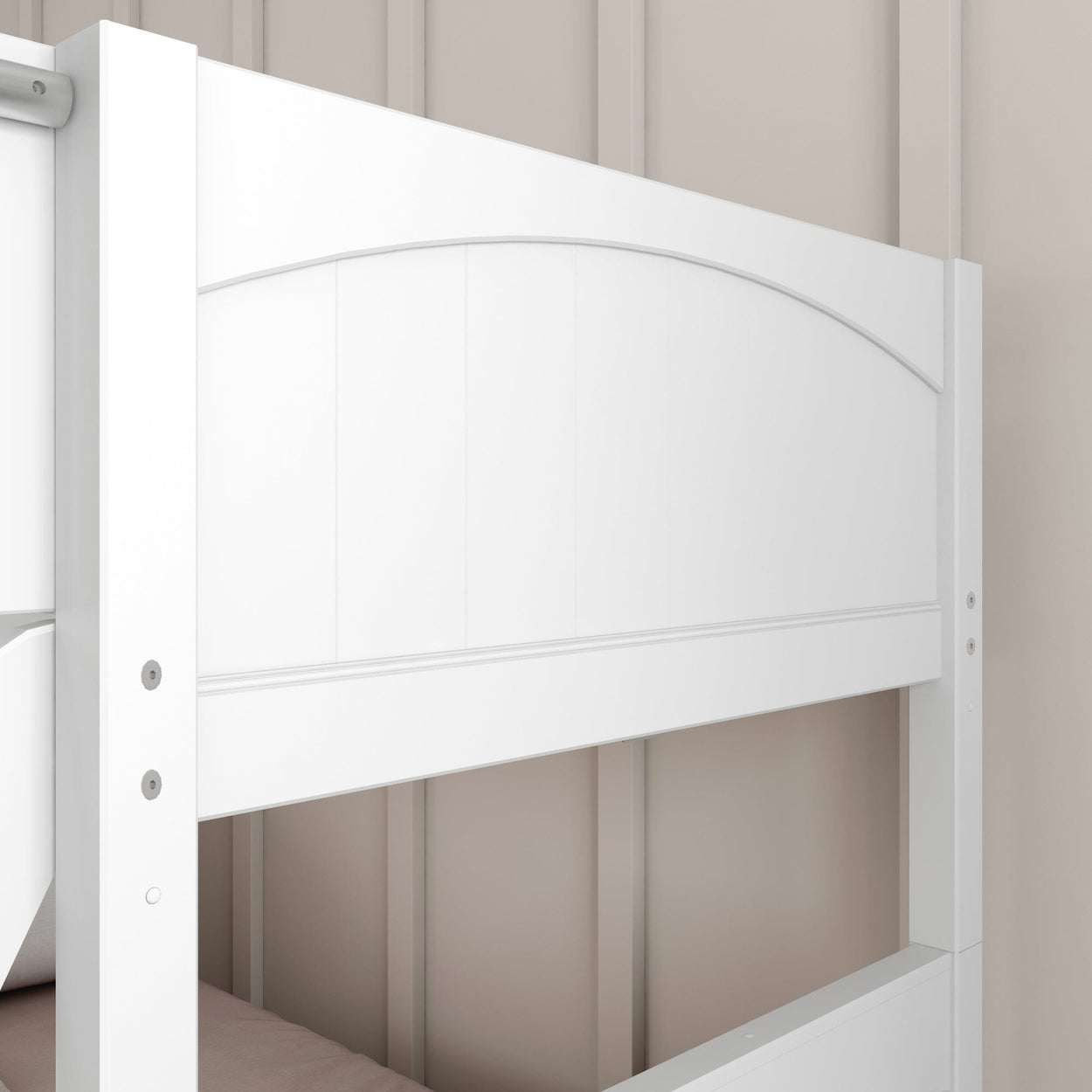 White wooden bunk bed frame close-up, ideal for modern bedrooms.
