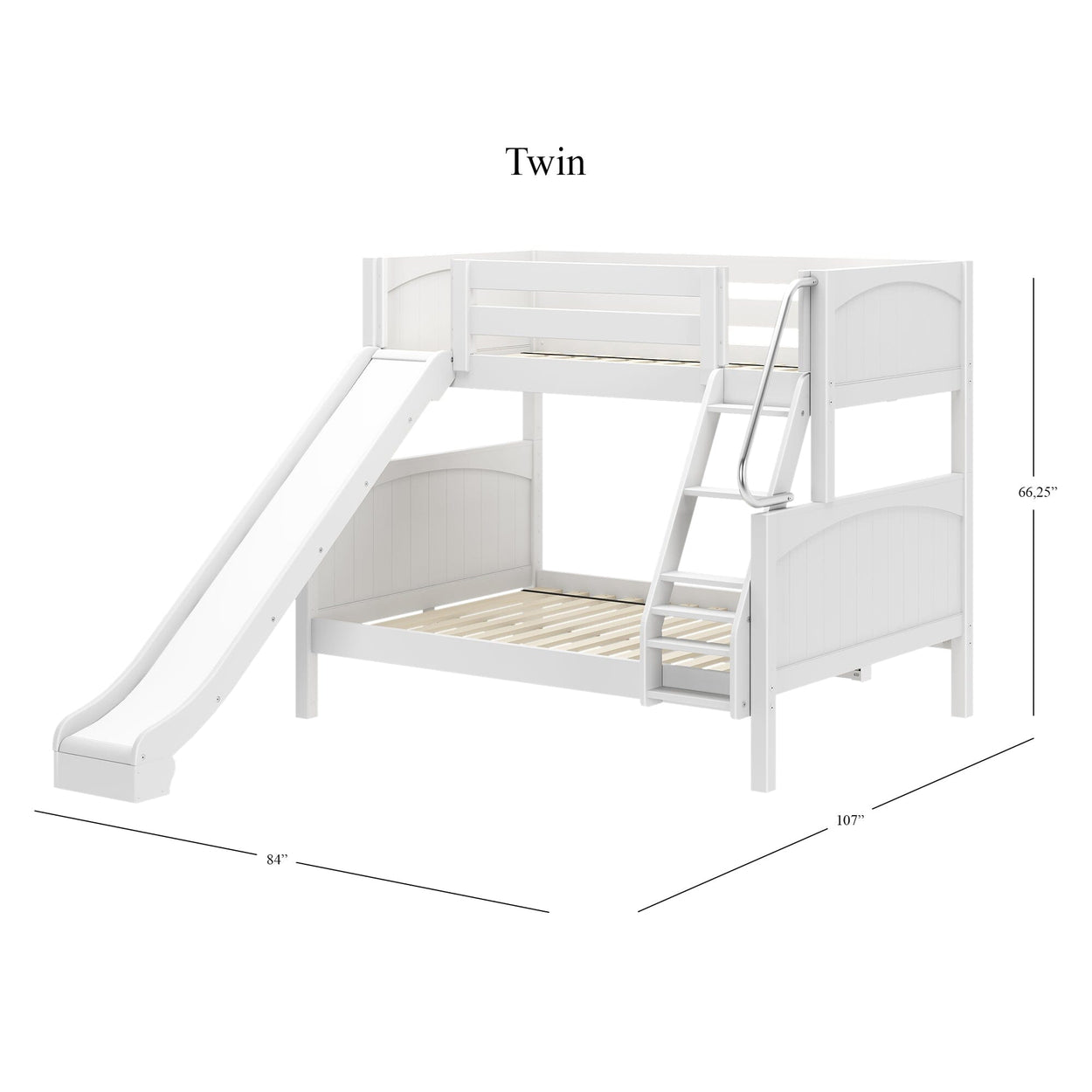 White twin bunk bed with slide and ladder, dimensions 107 inches long, 84 inches deep, 66.25 inches high.